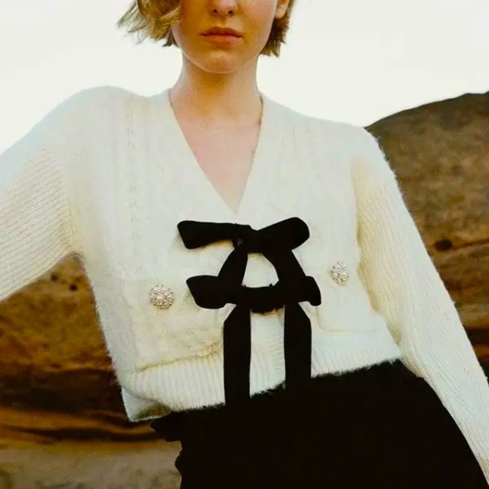 Self-Portrait Cream and Black Bow Cardigan